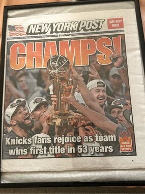Bundled framed NY Post Knicks News paper and N.Y Post championship Magazine.